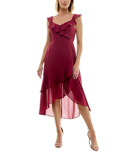 Juniors' Ruffle-Neck Asymmetric-Hem Chiffon Dress