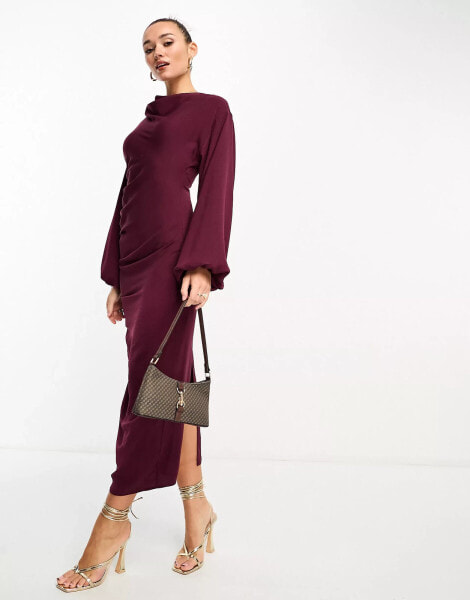 ASOS DESIGN drape neck midi dress with ruched side detail in burgundy