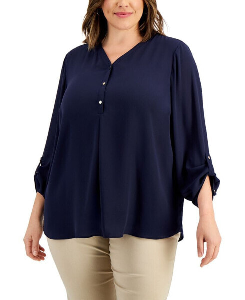 Plus Size V-Neck Roll-Tab Utility Top, Created for Macy's