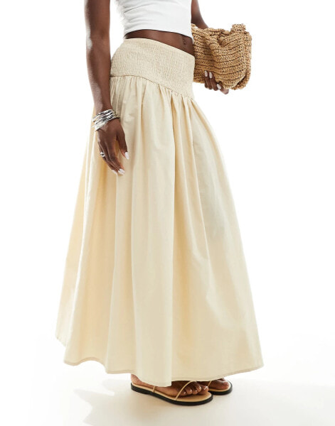 ASOS DESIGN poplin shirred waist maxi skirt in cream