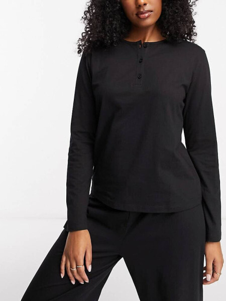 ASOS DESIGN mix & match cotton long sleeve henley pyjama top in black