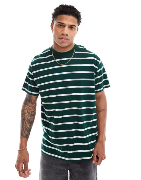 Brave Soul oversized high neck stripe t-shirt in dark green & white