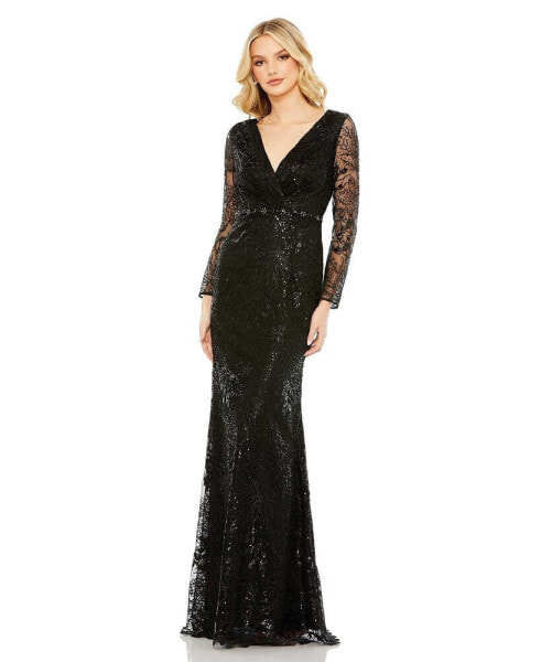 Women's Embellished Wrap Over Long Sleeve Gown