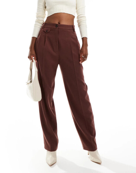 ASOS DESIGN tab detail straight leg tailored trouser in burgundy