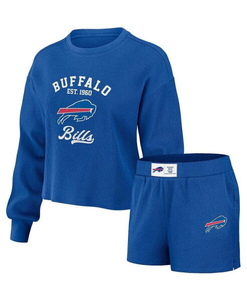 Women's Royal Distressed Buffalo Bills Waffle Knit Long Sleeve T-shirt and Shorts Lounge Set