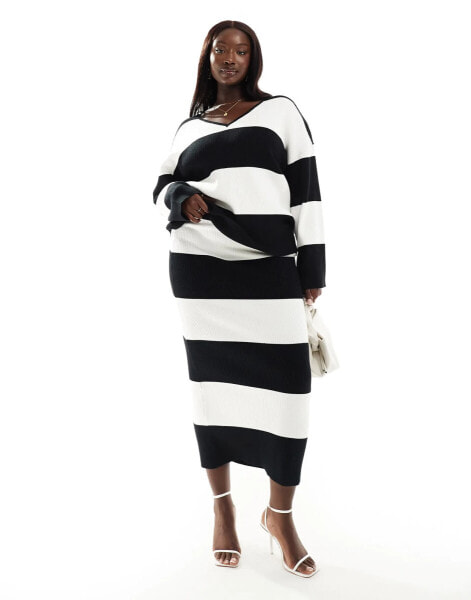 4th & Reckless Plus exclusive knitted maxi skirt co-ord in black and white stripe