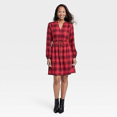 Women's Long Sleeve Plaid A-Line Dress - Knox Rose Red XS