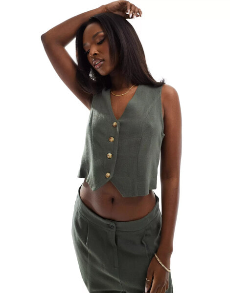 In The Style linen tailored waistcoat co-ord in khaki