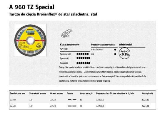 Диск для резки металла Klingspor A960 TZ Special 125 мм x 1,0 мм x 22,2 мм
