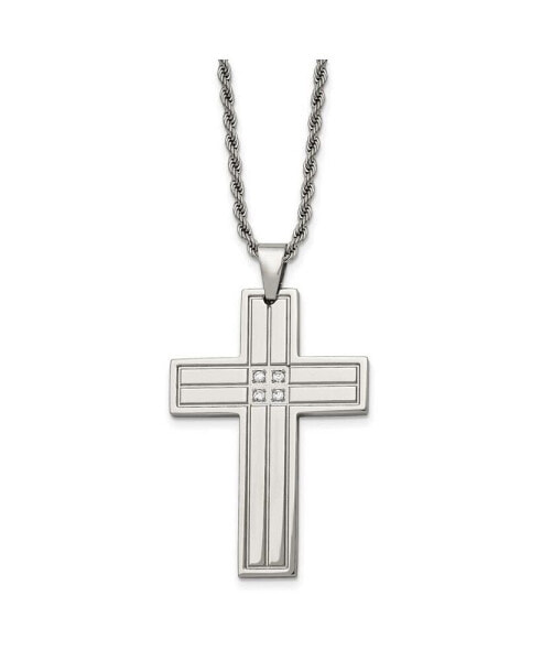 Chisel polished with CZ Grooved Cross Pendant on a Rope Chain Necklace