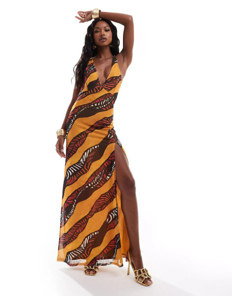 ASOS DESIGN mesh cowl back maxi dress in bold abstract print