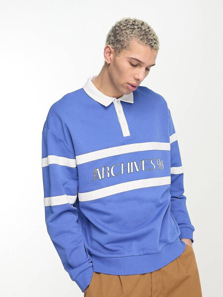 ASOS DESIGN oversized rugby polo sweatshirt with text print in blue