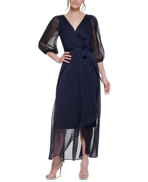 Balloon-Sleeve Faux-Wrap Gown