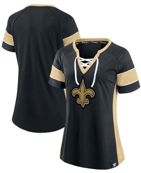 Women's Black, Gold-ToneNew Orleans Saints Team Draft Me Lace-Up Raglan T-shirt