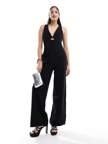 Pretty Lavish tie back wide leg jumpsuit in black