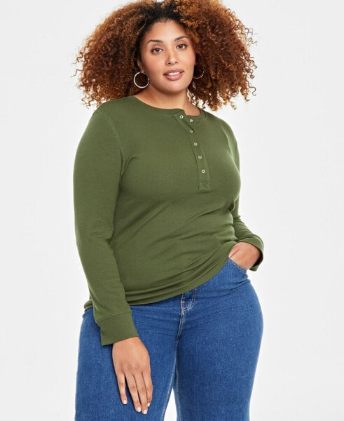 Plus Size Ribbed Long-Sleeve Henley Top, Created for Macy's