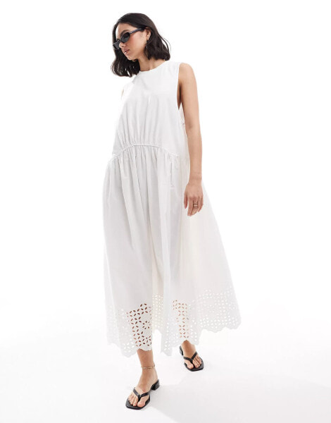 ASOS DESIGN ribbed tank maxi dress with poplin broderie hem skirt in white