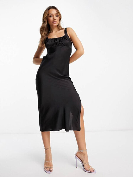 ASOS DESIGN gathered babydoll  satin midi slip dress in black