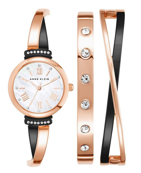 Women's Rose Gold-Tone and Black Alloy Bangle with Crystal Accents Fashion Watch 33mm Set 3 Pieces