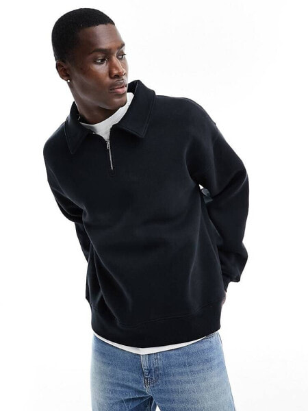 Selected Homme oversized half zip sweat long sleeved polo in black 