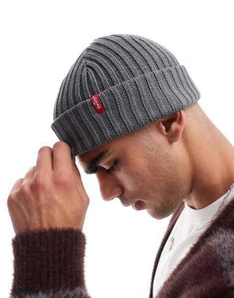 Levi's ribbed beanie with red tab logo in grey