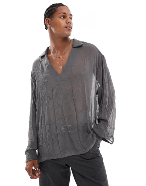 ASOS DESIGN overhead sheer shirt in charcoal