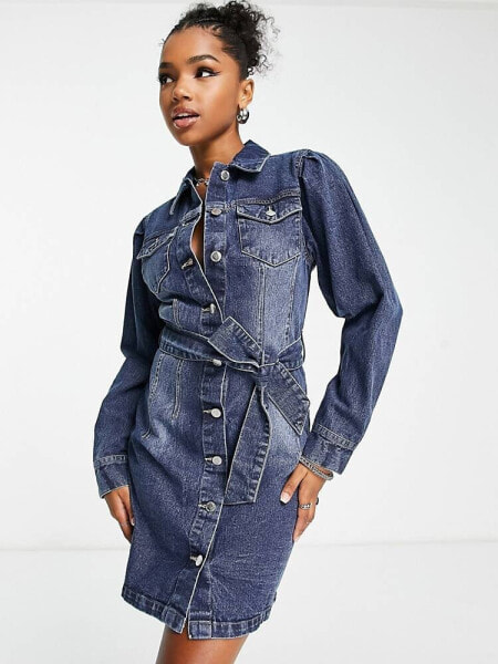 Miss Selfridge belted shirt dress in mid wash