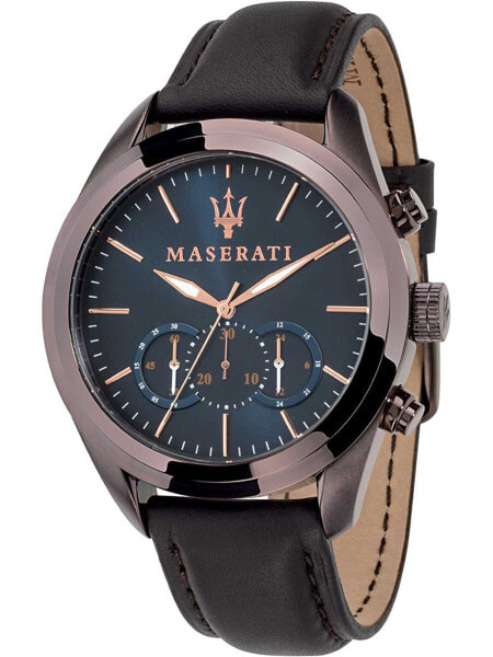 Мужские наручные часы с черным кожаным ремешком Maserati R8871612008 Finish line chronograph 45mm 10ATM