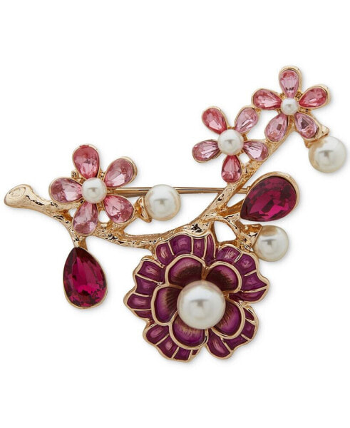 Gold-Tone Pavé Crystal & Imitation Pearl Flower Branch Pin