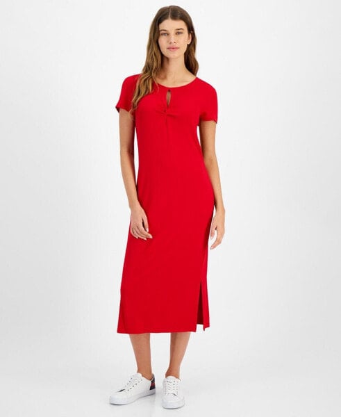 Women's Twist-Front Ribbed Knit Midi Dress