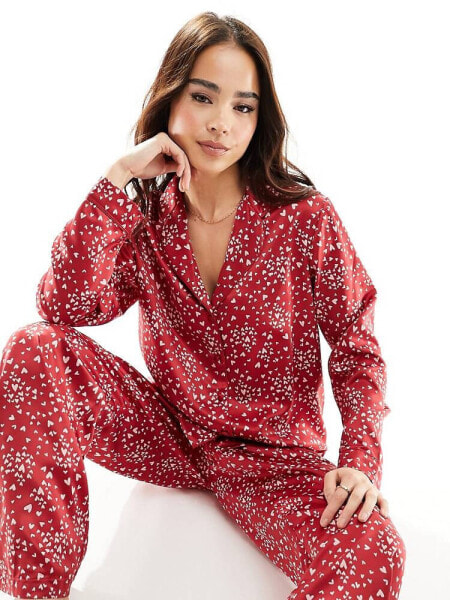 New Look heart print sation revere trouser set in red