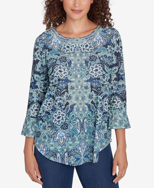 Petite Embellished Scoop Neck Floral Print Slub Jersey Top