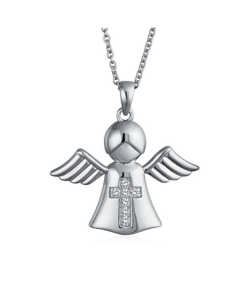 Bling Jewelry tiny Petite CZ Accent Cross Protection Guardian Angel Pendant Necklace For Teen Women .925 Sterling Silver