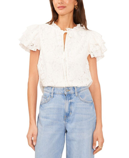 Women's Lace Tie Neck Short Flutter-Sleeve Blouse