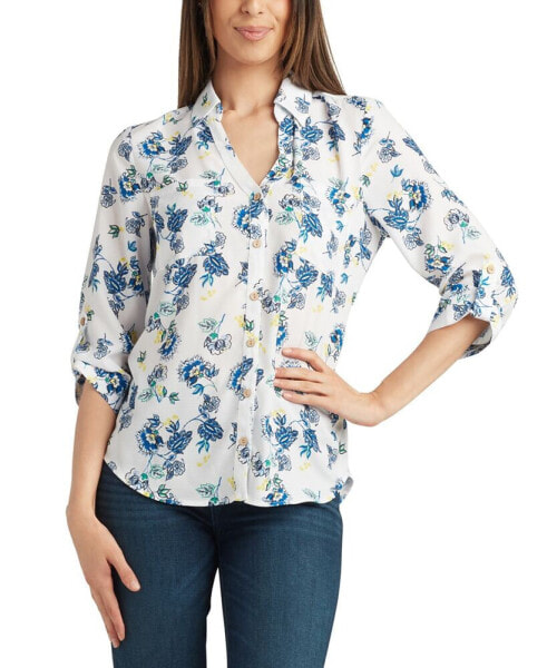 Juniors' Printed Roll-Tab Button-Front Shirt