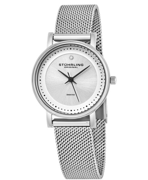 Original Stainless Steel Case on Mesh Bracelet, Silver Dial, With Black Accents, and Diamond At 12