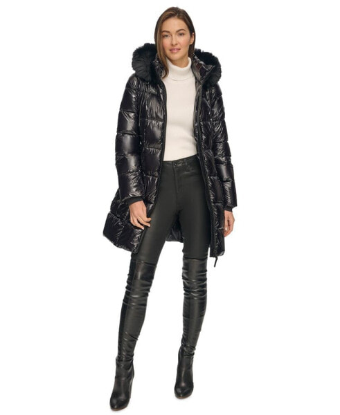 Women's Belted Faux-Fur-Trim Hooded Puffer Coat куртки V95109723Размер: XS  купить по выгодной цене от 25757 руб. в интернет-магазине   с доставкой