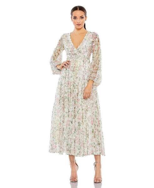 Women's Embellished Floral Print Faux Wrap A Line Dress