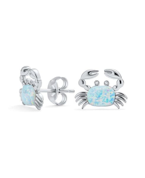 Small White Tropical Vacation Nautical Created Synthetic Opal Beach Sand Crab Stud Earrings For Women Sterling Silver