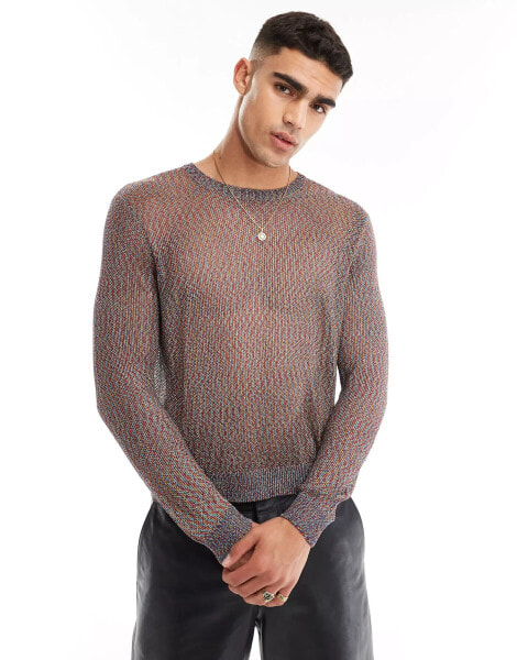 ASOS DESIGN knitted metallic mesh long sleeve jumper in multi