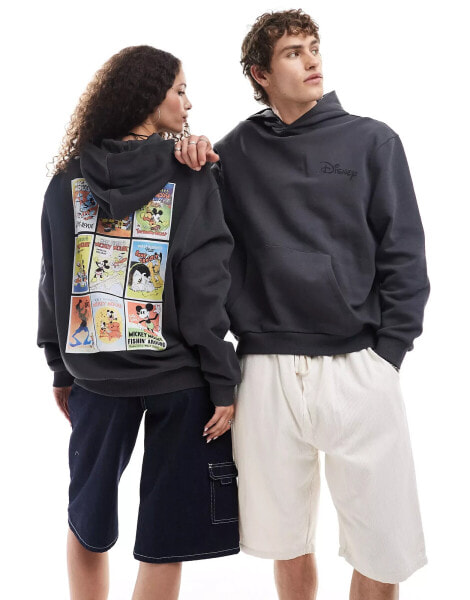 ASOS DESIGN Disney unisex oversized hoodie with Mickey Mouse comic prints in washed black