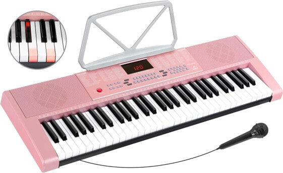 McGrey LK-6120-MIC Keyboard - Beginner Keyboard with 61 Light Keys - 255 Sounds and 255 Rhythms - 50 Demo Songs - Includes Microphone - Pink