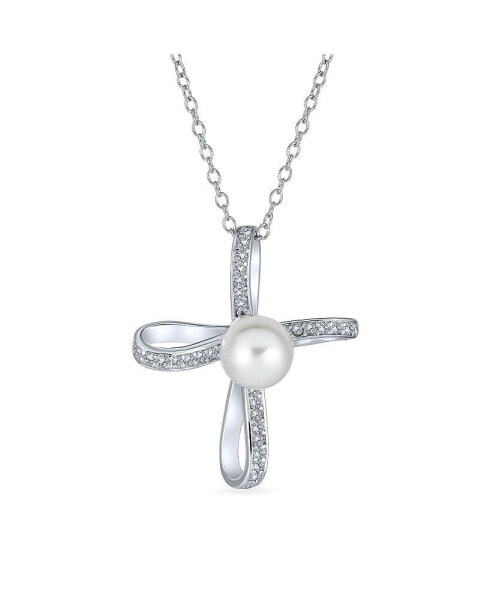 Bridal Simple Religious Simulated White Pearl Infinity Cross Necklace Pendant For Women Wedding Teen .925 Sterling Silver