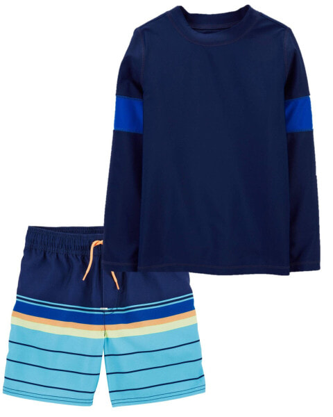 Kid Striped Rashguard & Swim Trunks Set 6