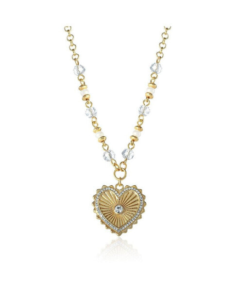 Womens Heart Necklace 16" + 2" - Gold-Tone Heart Pendant Necklace with Clear Crystal Embellishments