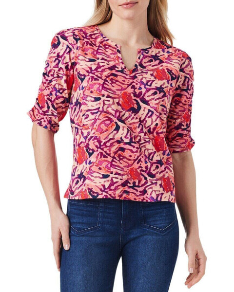 Nic+Zoe Blurred Floral Ruched Elbow Sleeve Top Women's S