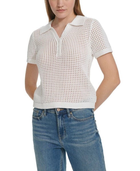 Women's Open-Stitch Short-Sleeve Polo Top