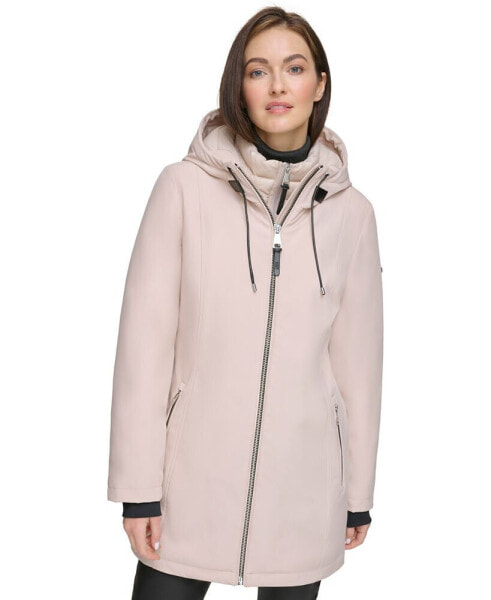 Womens Hooded Bibbed Zip-Front Puffer Coat