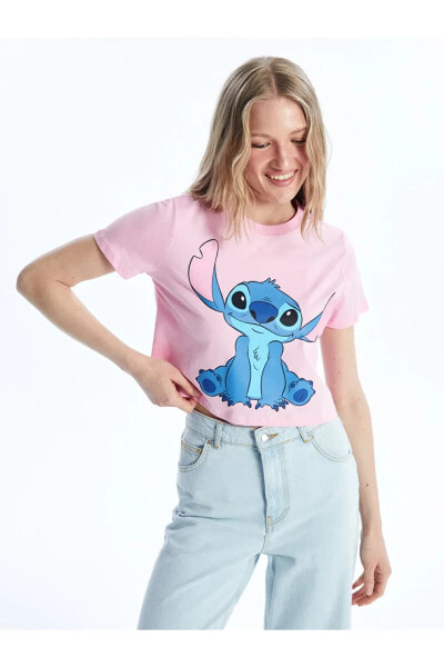 XSIDE Bisiklet Yaka Lilo & Stitch Baskılı Kısa Kollu Kadın Crop İMREX GLOBAL