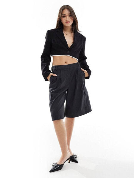 Bershka shirt detail cropped blazer co-ord in black